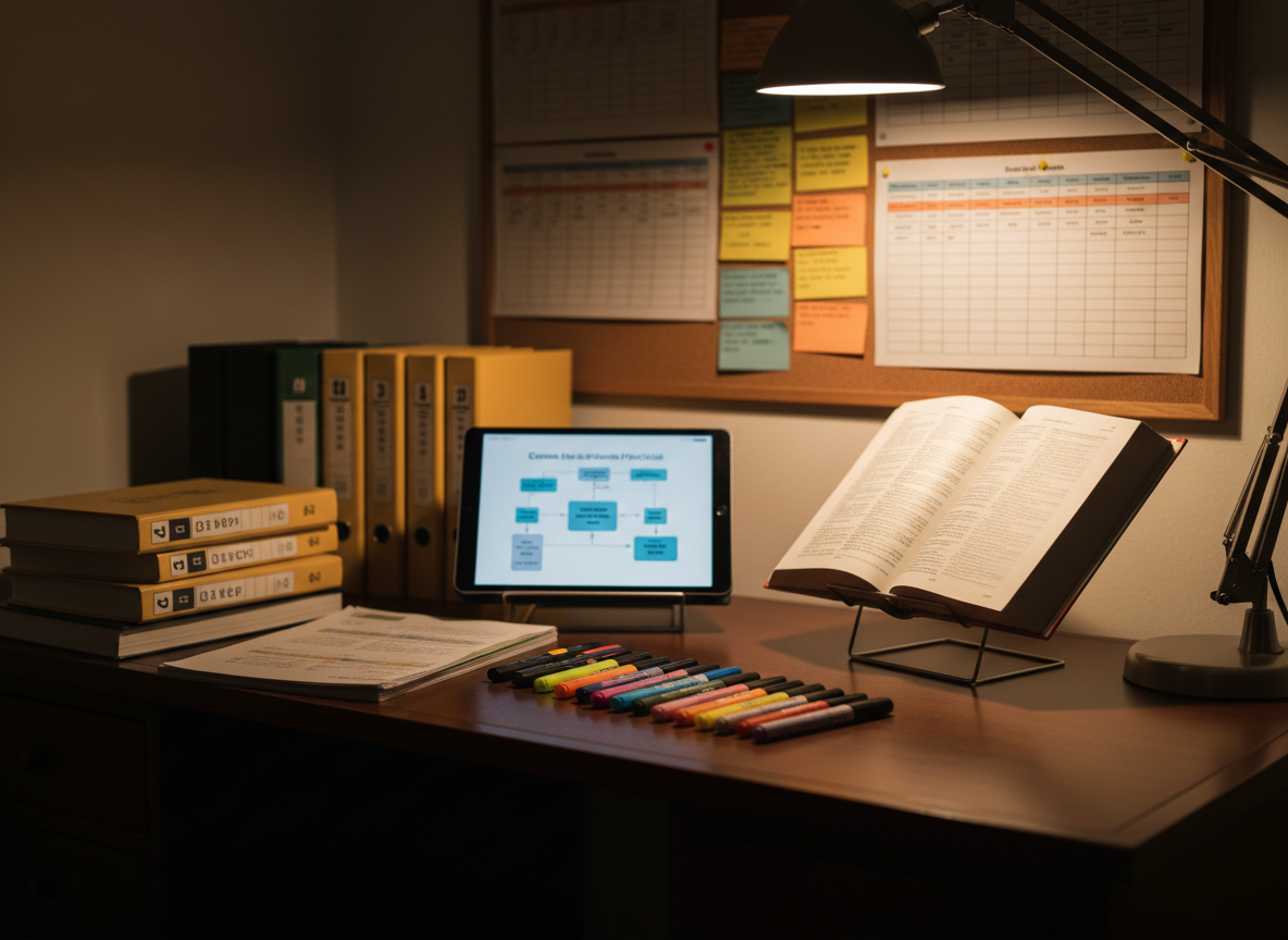 Un rincón de estudio especializado en oposiciones a la Administración Local, con una mesa de madera oscura donde se apilan carpetas numeradas, subrayadores bien alineados y un grueso volumen jurídico abierto sobre un atril metálico. Junto a él, una tablet muestra un esquema borroso de un supuesto práctico. En la pared cercana, un gran corcho con tarjetas de colores y cronogramas sin texto legible sugiere una planificación detallada. Luz cálida dirigida desde una lámpara de escritorio crea un contraste marcado entre la superficie iluminada y un fondo ligeramente en penumbra. Fotografía en ángulo ligeramente elevado, con enfoque nítido en el material y suave desenfoque del fondo, generando una atmósfera de rigor, disciplina y concentración absoluta.