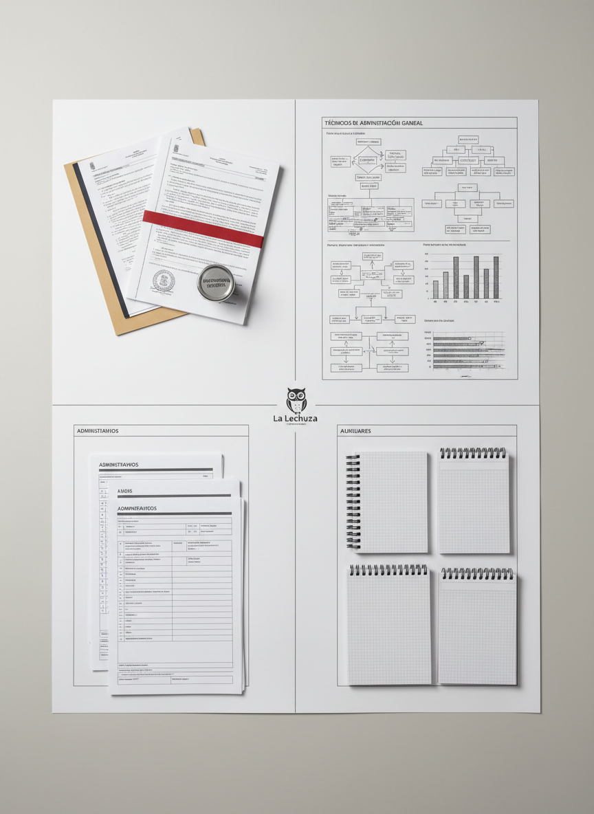 Una mesa de trabajo amplia dedicada a la preparación de oposiciones, vista en plano cenital fotográfico. Sobre la superficie, cuatro grupos claramente diferenciados de material: uno con documentos oficiales y un sello metálico para Habilitación Nacional, otro con esquemas y gráficos para Técnicos de Administración General, un tercero con formularios impresos para Administrativos y un cuarto con blocs de notas ordenados para Auxiliares. Cada grupo está separado por finas líneas dibujadas sobre un gran papel blanco, sin texto reconocible. Luz neutra de estudio cae de forma uniforme desde arriba, generando un ambiente ordenado, estructurado y metódico, que sugiere las cuatro ramas de preparación de La Lechuza de manera sobria y profesional.